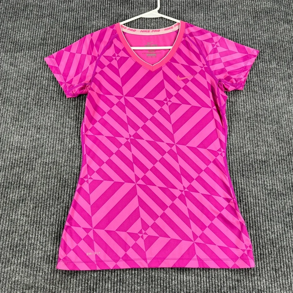 Nike Pro Dri Fit Shirt Womens Medium Pink Geometric Short Sleeve Fitted Training